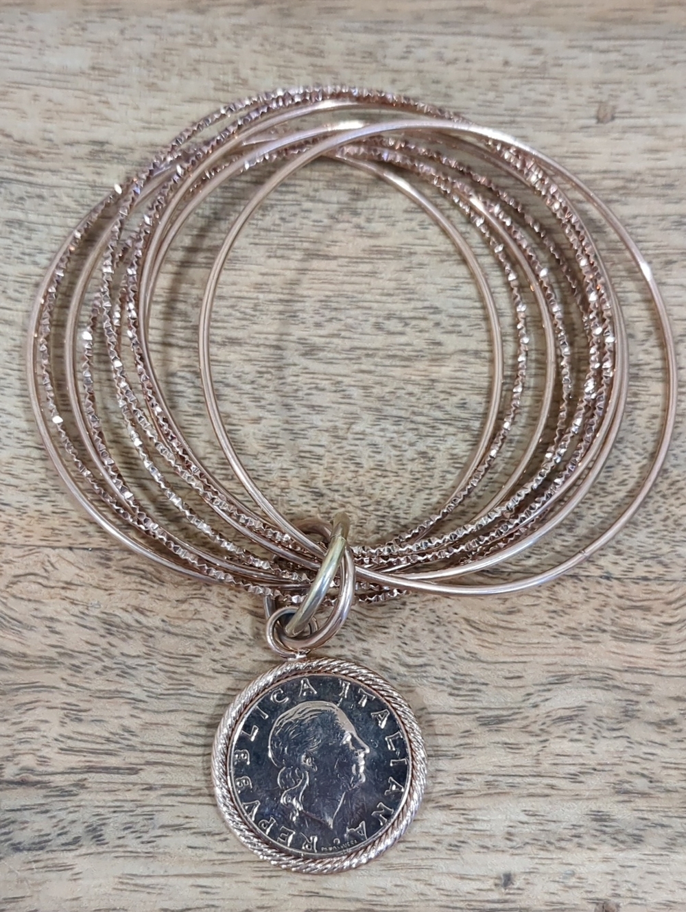 MILOR Italy Bronze Multi-Textured Bangle Bracelet with Coin Charm